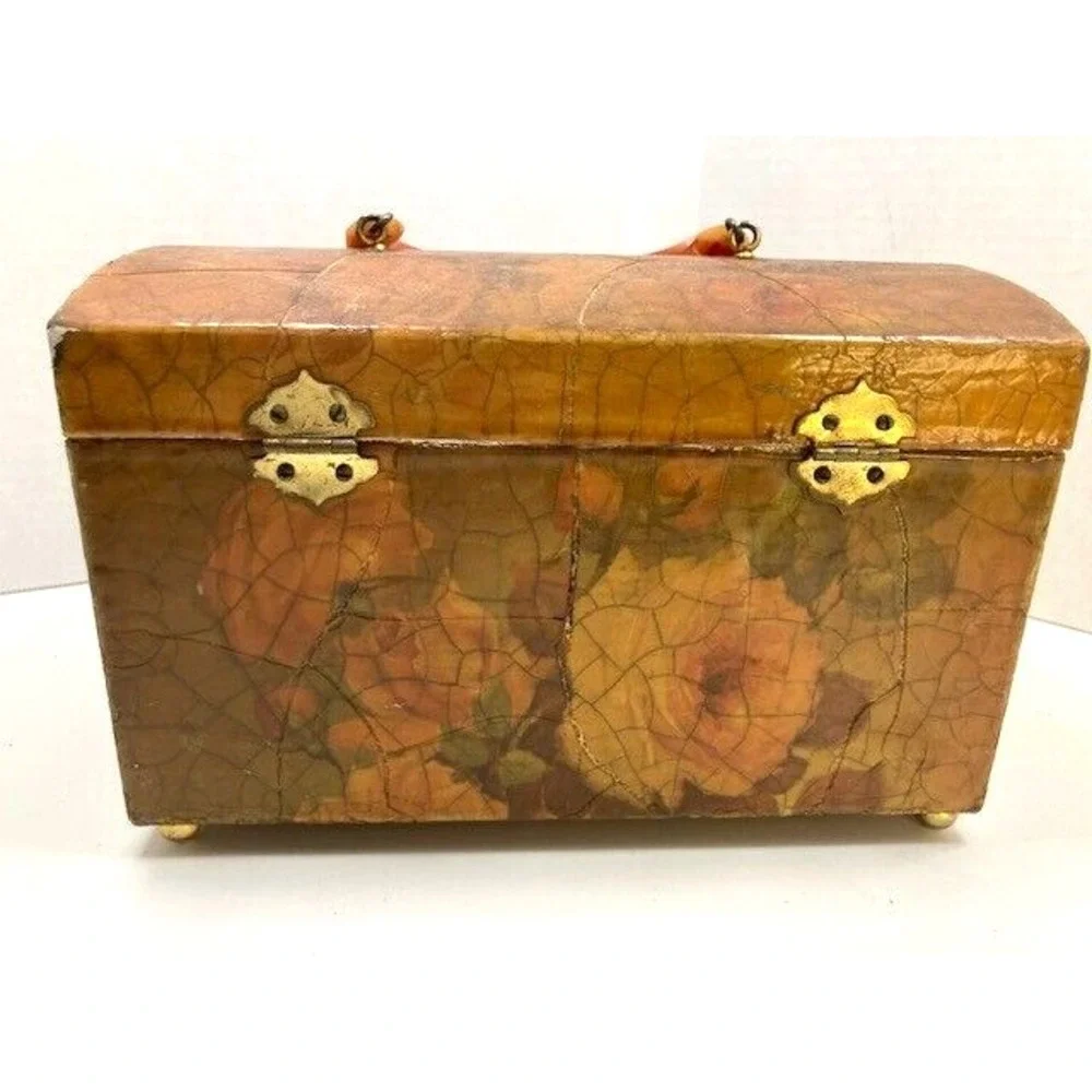 Vintage Floral Crackle Decoupage 1960s Textured‎ Wood Purse Lucite Handle